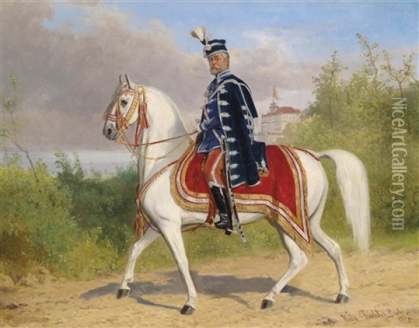 Ungarischer Husarenoffizier (mitglied Der Oberen Kammer) Zu Pferde, Im Hintergrund Schloss Acsa Oil Painting - Wilhelm M. Richter