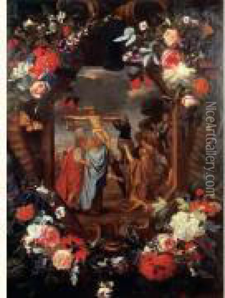 L'erection De La Croix Dans Un Cartouche Decore De Fleurs Oil Painting - Karel Van Vogelaer, Carlo Dei Fiori