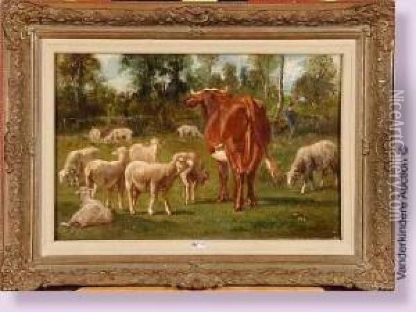 Vache Et Moutons Au Pre Oil Painting - Emile van Marcke de Lummen