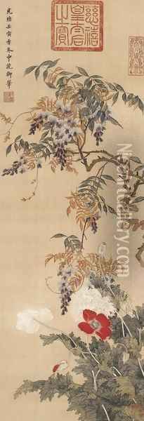 Wisteria and Flowers Oil Painting - Empress Ci Xi
