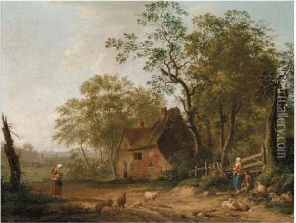 Figures And Sheep Outside A Country Cottage Oil Painting - Patrick, Peter Nasmyth