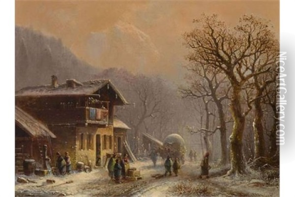Winterliche Dorfstrase Mit Fuhrwerk Oil Painting - Anton Doll