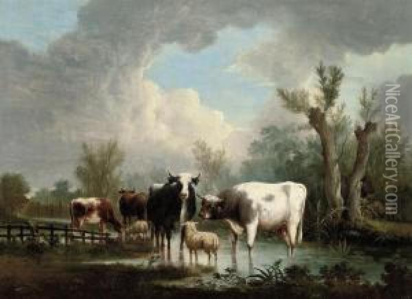 Cows And Sheep In A Water Meadow Oil Painting - Charles Towne