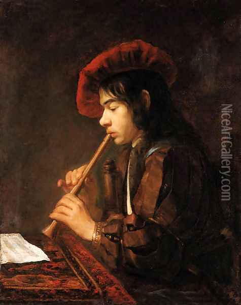 The Piping Boy portrait of a youth, half-length seated, playing a pipe, in a slashed doublet and a red hat Oil Painting - Abraham Van Dyck