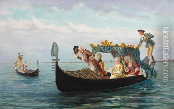 Elegant Couples In A Gondola Oil Painting - Pietro Gabrini