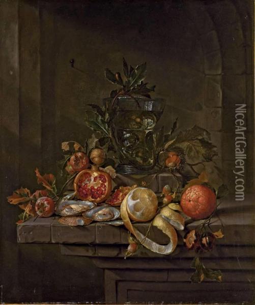 Agrumes, Coquillages Et Fruits Secs Autour D'un Roemer Sur Un Entablement Oil Painting - Cornelis De Heem