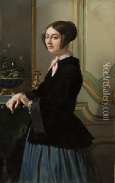 Portrait De Dame Au Noeud Rose Oil Painting - Emile Lecomte