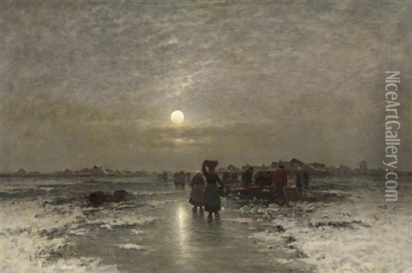 Fischerfrauen Auf Dem Heimweg In Winterlicher Landschaft Oil Painting - Johann Jungblut