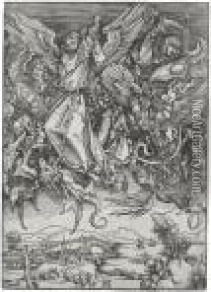 St. Michael Fighting The Dragon (b. 72; M., Holl. 174) Oil Painting - Albrecht Durer