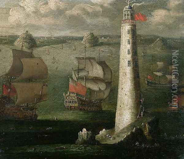 Men-o-War and other Vessels before the Eddystone Lighthouse Oil Painting - Isaac Sailmaker