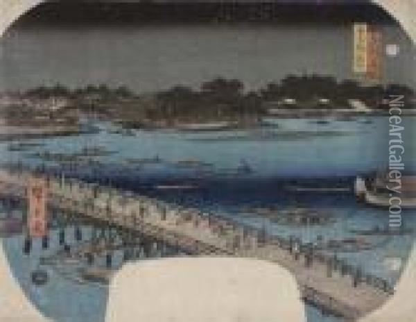 A Fan Design Depicting A Night Scene At The Ryogoku Bridge Oil Painting - Utagawa or Ando Hiroshige