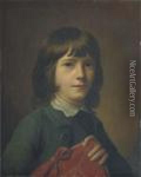 Portrait Of A Boy, Probably One 
The Artist's Children, Half-length,in A Green Coat And Waistcoat, 
Holding A Red Folio Oil Painting - Nathaniel Hone