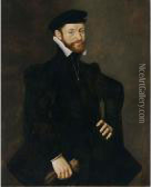A Portrait Of A Bearded 
Gentleman, Aged 31, Standing Three-quarter Length, Wearing A Black Coat,
 Holding Gloves In His Right Hand Oil Painting - Willem Key
