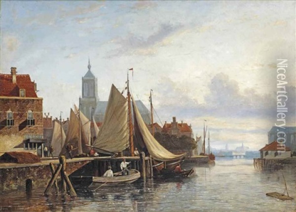 Figures On A Busy Quay, Haarlem Oil Painting - Johannes Frederik Hulk the Elder