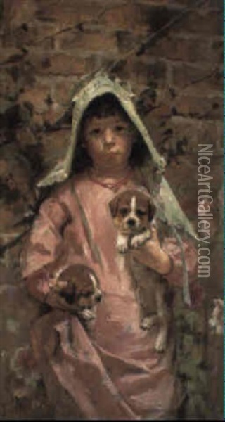 Girl With Puppies Oil Painting - Theodore Robinson