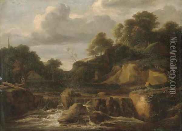 Cottages beside a rocky river Oil Painting - English School