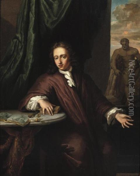 Portrait Of A Goldsmith, Three-quarter-length, Seated By A Table On A Draped Terrace, In A Brown Oil Painting - Daniel Haringh