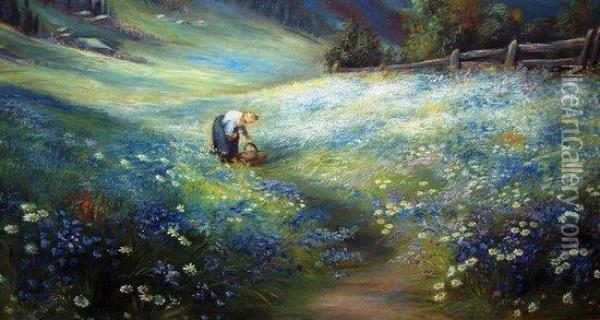 Picking Flowers In A Meadow Oil Painting - John MacWhirter