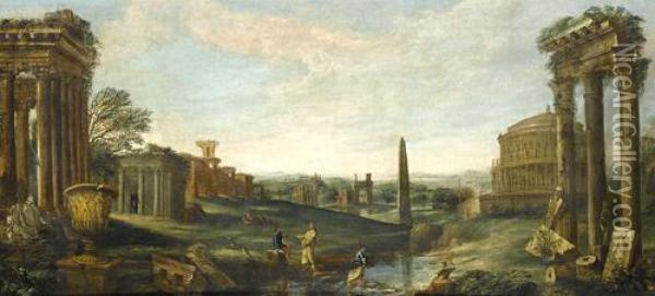 A Classical Landscape With Elegant Figures Amongst Ruins Oil Painting - John Wootton