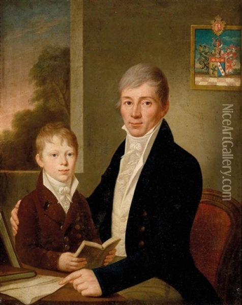 Bildnis Eines Herrn Und Eines Knaben Mit Familienwappen Oil Painting - Johann Niedermann