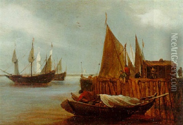 Boats Moored At A Jetty With Two Frigates Beyond Oil Painting - Egbert Lievensz van der Poel