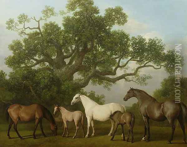 Mares and Foals under an Oak Tree, 1773 Oil Painting - George Stubbs