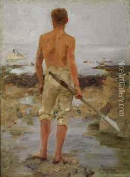 A Boy With An Oar Oil Painting - Henry Scott Tuke