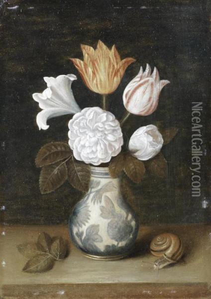 Roses, A Lily And Variegated Tulips In A Blue And White Vase, With A Snail Nearby Oil Painting - Ambrosius the Elder Bosschaert