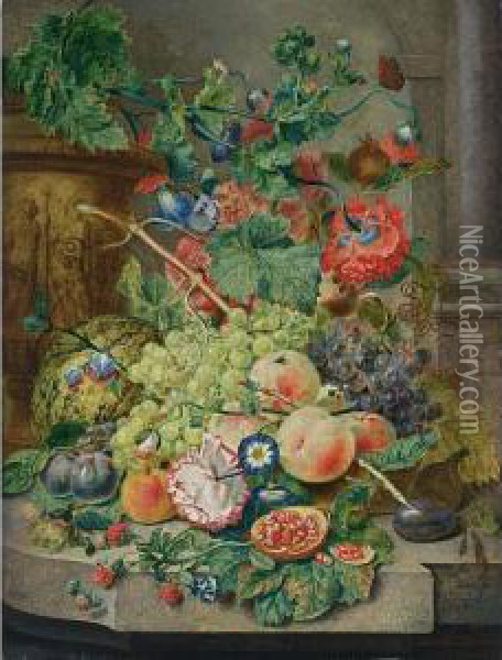 A Still Life With Grapes, 
Peaches, Prunes, A Melon, A Pomegranate, Raspberries, Together With 
Morning Glory, An Opium Poppy, Hollyhocks And A Rose, All On A Marble 
Ledge Together With A Butterfly, A Fly And Ants, A Terracotta Vase 
Displaying A Cla Oil Painting - Wijbrand Hendriks