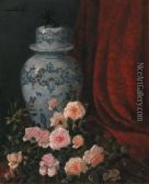 Still Life With Roses And Lidded Chinese Jar Oil Painting - Felix-Elie Regamey