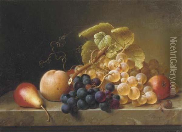 Pears, Grapes And A Peach On A Ledge Oil Painting - Johann Wilhelm Preyer