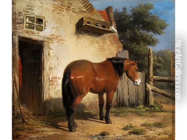 Braunes Pferd Vor Altem Stallgebaude Oil Painting - Jean Louis van Kuyck