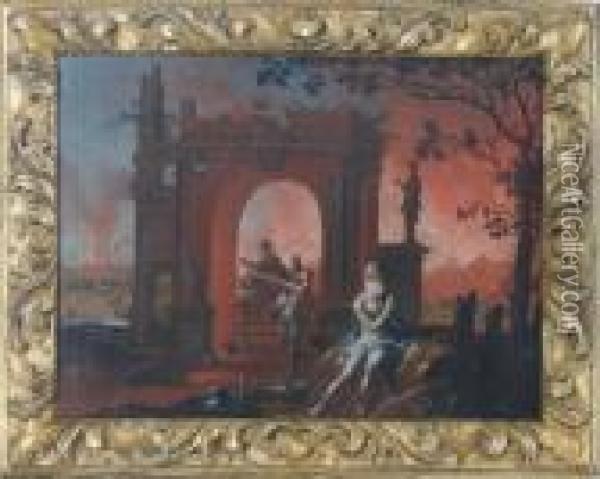 The Burning Of Troy Oil Painting - Daniel van Heil