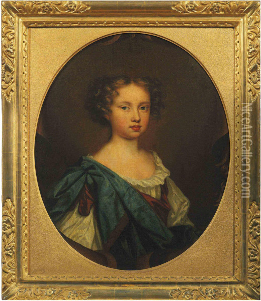 Portrait Of A Girl, Bust-length, In A White Chemise And Blue Mantle Oil Painting - Mary Beale