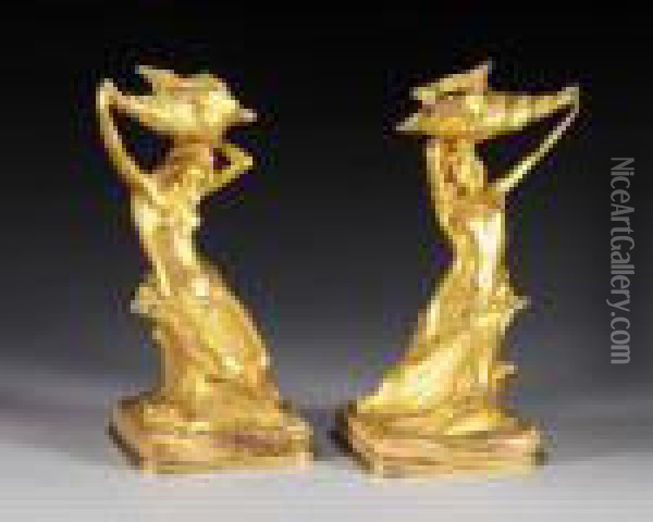 A Pair Of Art Nouveau Gilt Bronze Figural Candlesticks, Early 20th Century Oil Painting - Hans Muller