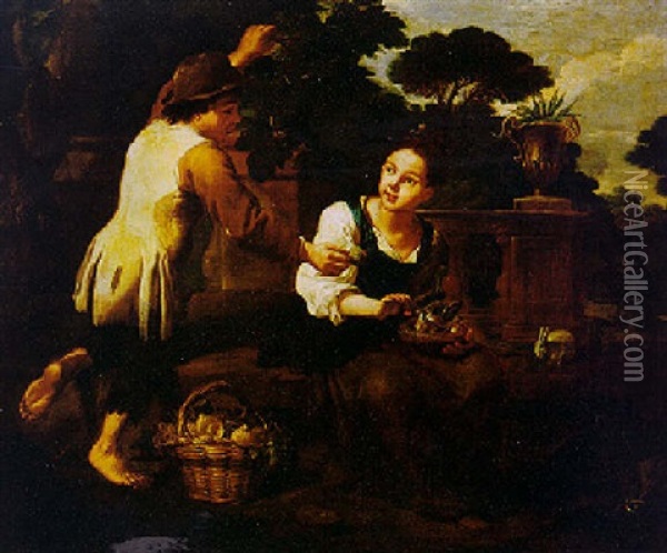 A Peasant Boy With A Girl Holding A Bird's Nest Oil Painting - Antonio Mercurio Amorosi