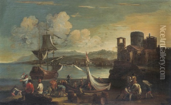 Paesaggio Costiero Con Imbarcazioni E Astanti Oil Painting - Adriaen Van Der Cabel