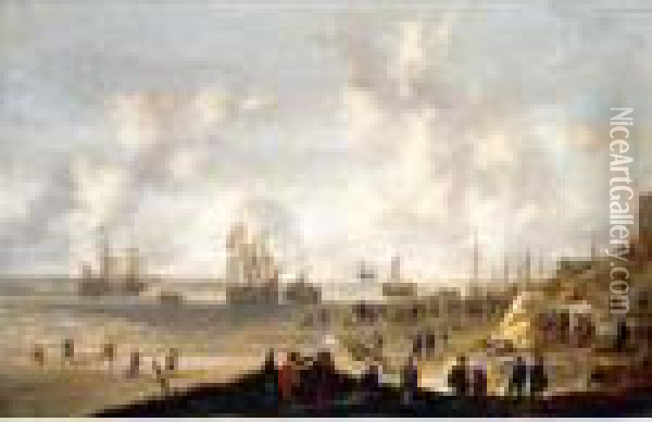 Dutch Soldiers On The Beach At Scheveningen Firing At Spanish Ships Oil Painting - Willem van Diest