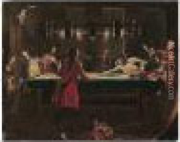 Elegant Figures Playing Billiards By Candle-light Oil Painting - Pietro Longhi