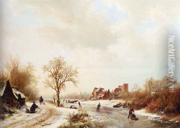 Winterlandschap: A Winter Landscape With Skaters On A Frozen Waterway And Peasants By A Farm In The Foreground Oil Painting - Barend Cornelis Koekkoek