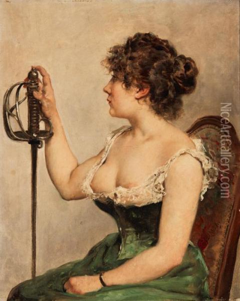 Ung Kvinna Med Varja Oil Painting - Jules Delaunay