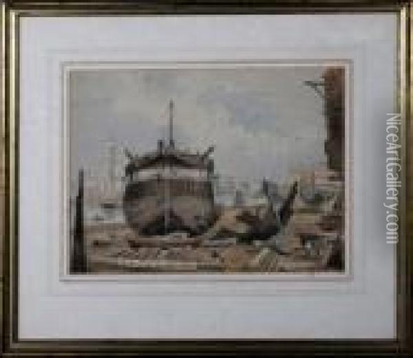 A Shipyard With Men At Work On The Indispensable Of Rotherhithe Oil Painting - Samuel Prout