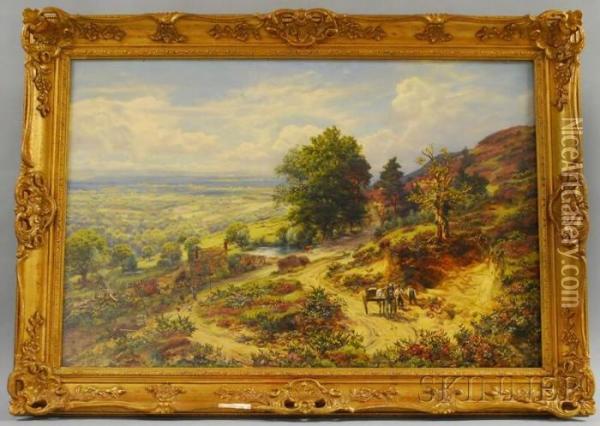 Extensive Countryside View With Drovers And Farmers Oil Painting - George William Mote