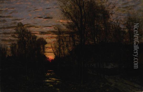 Winter Sunset Oil Painting - Emile Breton