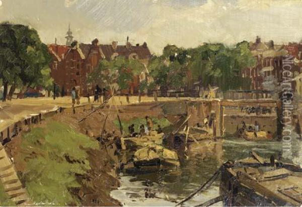 Werkzaamheden Aan De Gracht - Een Buiten Studie Oil Painting - Johann Hendrik Van Mastenbroek