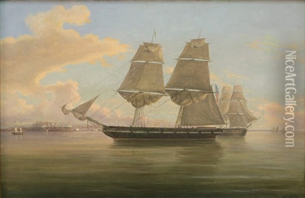 American Cutter At A Foreign Port Oil Painting - Thomas Birch