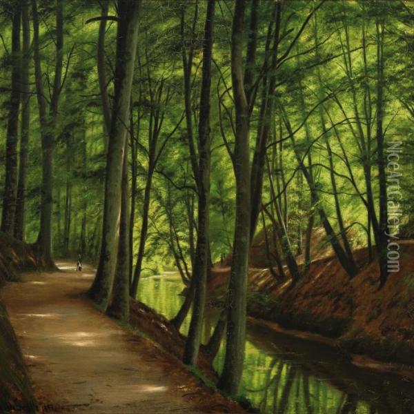A Beech Forest With A Stream And Walking Persons Oil Painting - Vilhelm Georg Groth