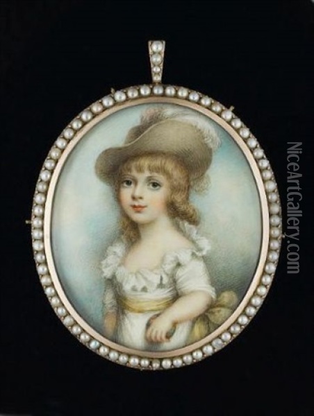 A Young Boy, Wearing White Dress With Frilled Collar, Yellow Sash And Wide-brimmed Hat Dressed With Pink And White Ostrich Feather, He Holds A Coloured Ball In His Left Hand Oil Painting - Andrew Plimer
