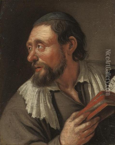 A Rabbi, Bust-length, With A Torah In His Right Hand Oil Painting - Jacob Van Toorenvliet