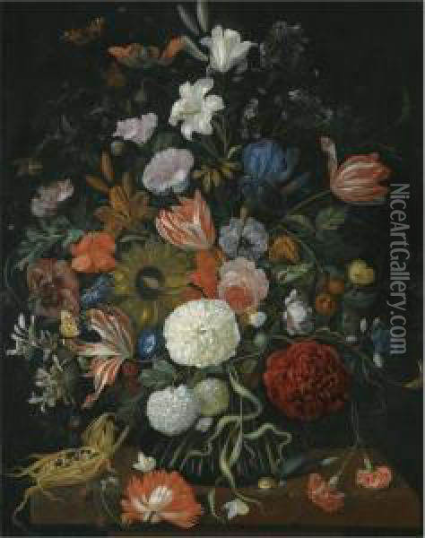 Still Life Of Flowers In A Vase On A Stone Ledge With A Corn Coband A Snail Oil Painting - Jacob Rootius